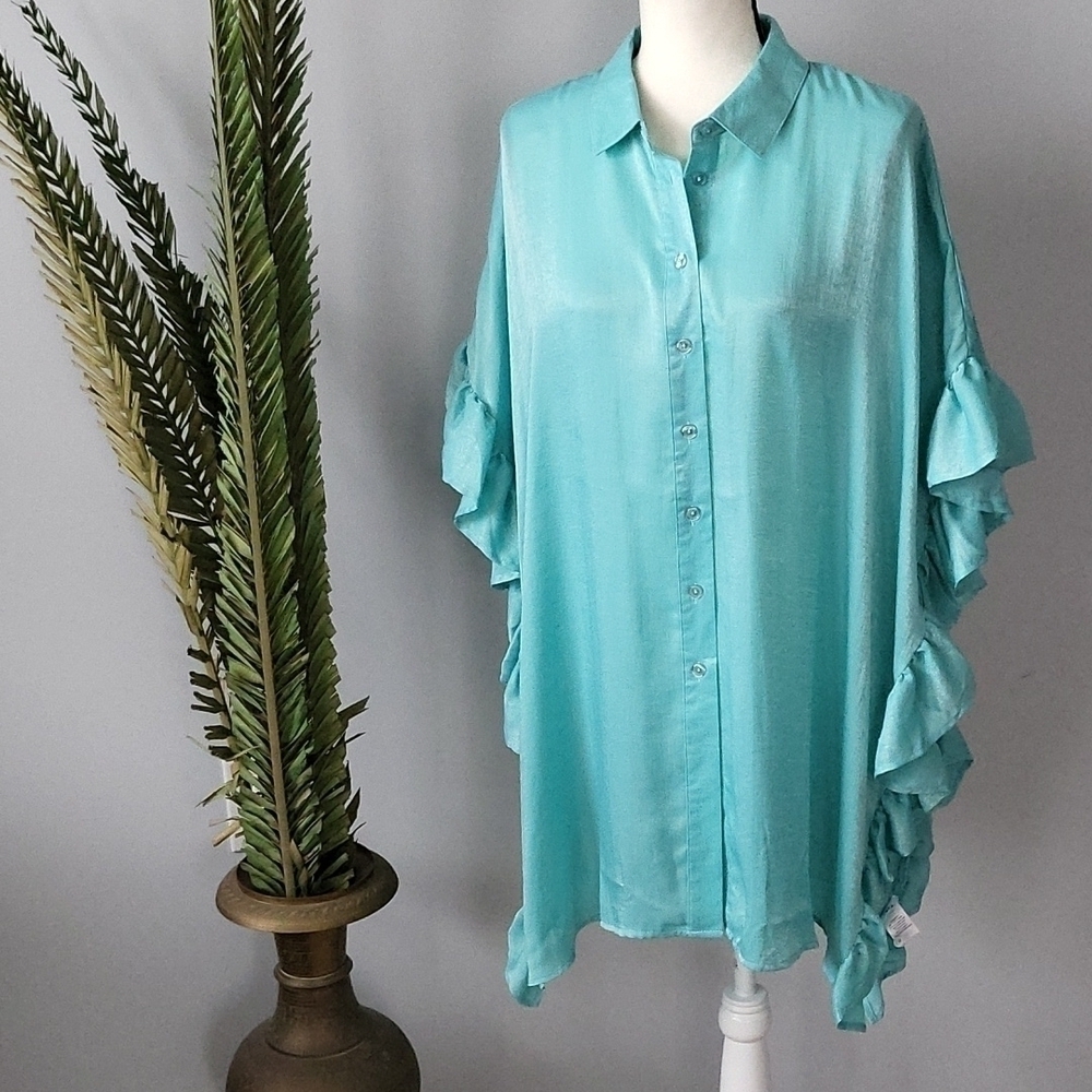 Roaman's STUNNING aqua button down blouse with ruffle sides NWOT